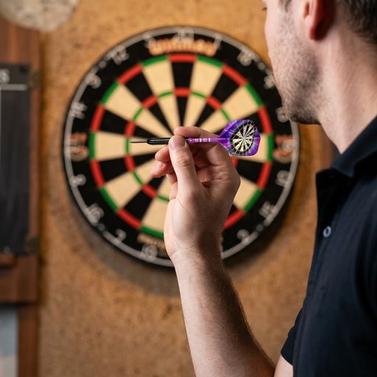 Paars zwart dartpijlen set 3 stuks 24g dartpijlen heren dames metalen punt professionele darts met paarse shafts en dartbord flights — afbeelding 3