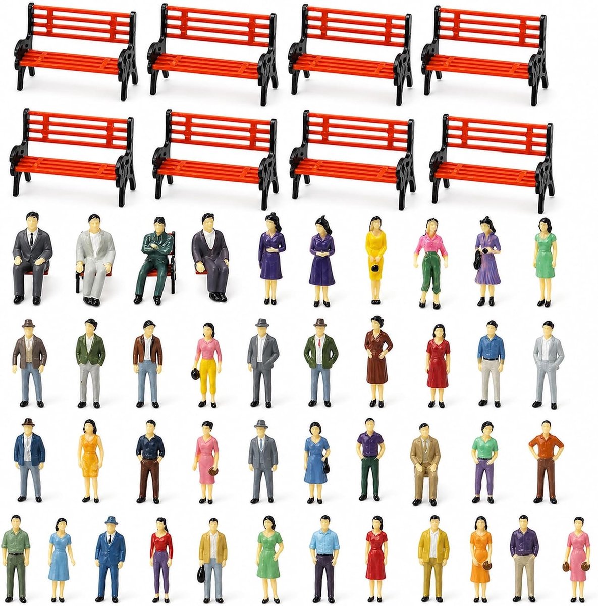 Complete set van 50 modelpassagiers zittend en staand met 8 banken voor 1:87 treinbaan en landschapmodellen