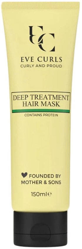 Gele tube EVE CURLS Deep Treatment Hair Mask met zwarte dop. Bevat proteïne. 150ml.