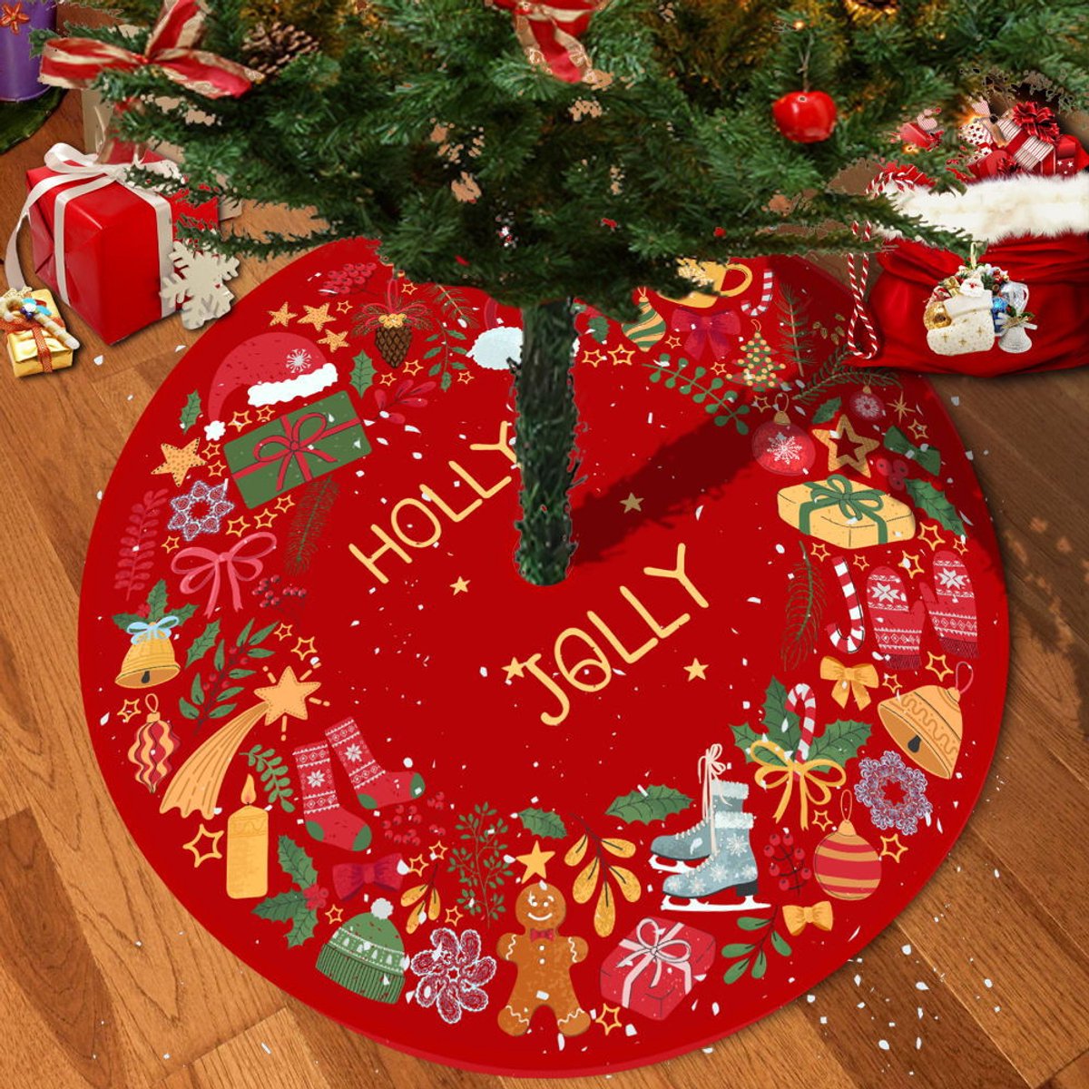 Kerstboomrok van 90 cm met belletjes, cadeautjes, sneeuwvlokken, kerstmutsen, enz. Kerstboommat decoratie voor winterse feestdagen, binnen- en buitenkerstdecoratie.