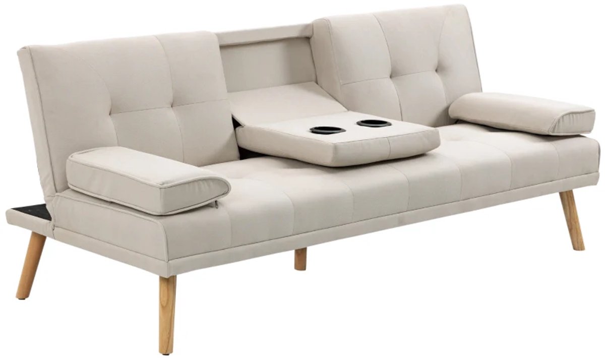 Slaapbank 3-zits - Kantelbare Rugleuning Met Klaptafel - Twee Armleggers - Linnenlook - 181 x 77 x 78 cm - Beige