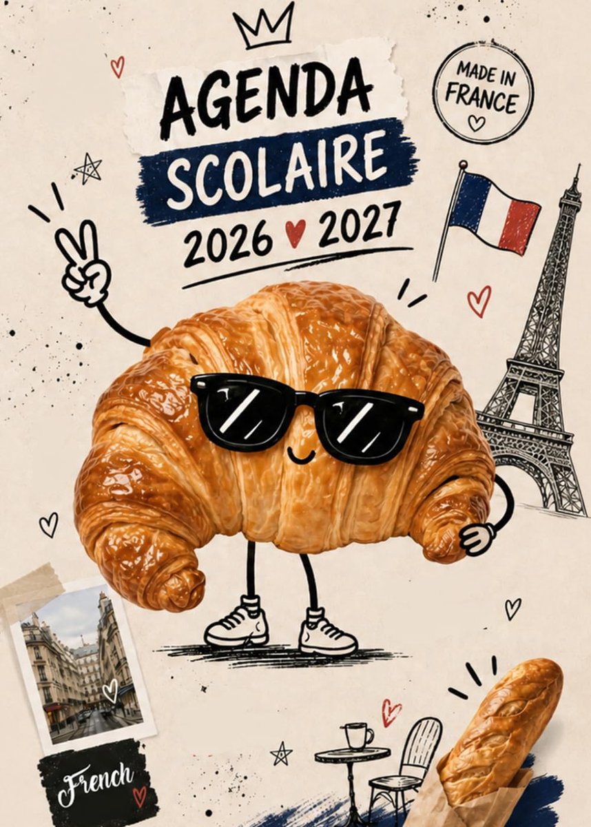 Agenda Scolaire 2026 2027: Croissant en France - Bi-journalier (deux jours par page) - 15x21 cm - Format A5 - ShopVlot