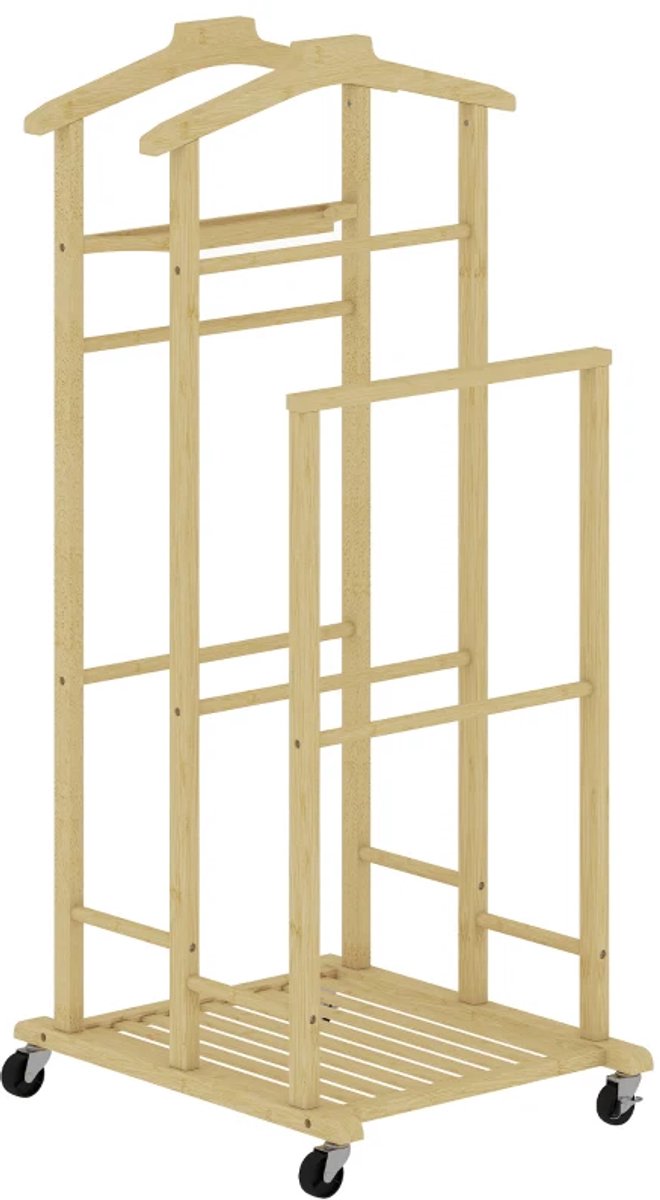 Kledingrek - Bamboe kledingrek op wielen - Compact - Met hangers, ophangstangen, plank en onderste plank - Eiken afwerking