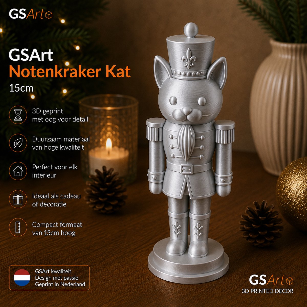 GSArt Notenkraker Kat 15cm – 3D-geprinte kerstdecoratie - Zijde Zilver