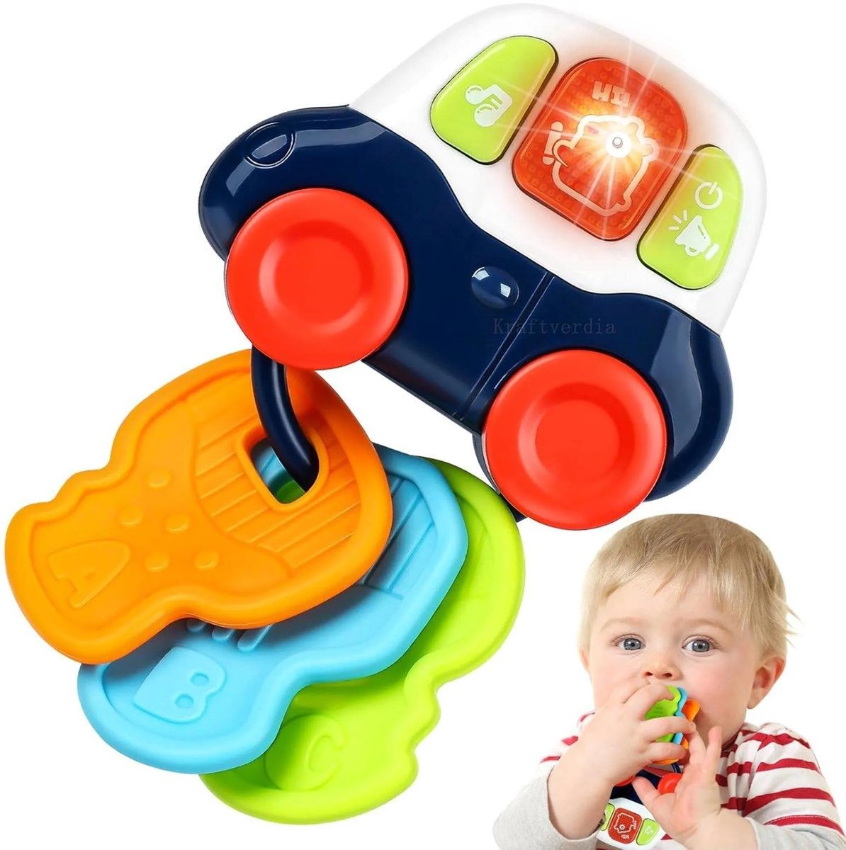 casalora - 2-in-1 Baby Bijtring Sleutel en Muziekauto Siliconen Speelgoed - Montessori muziekspeelgoed met licht - Baby speelgoed - Voor onderweg - Voor 0-36 Maanden - Blauw