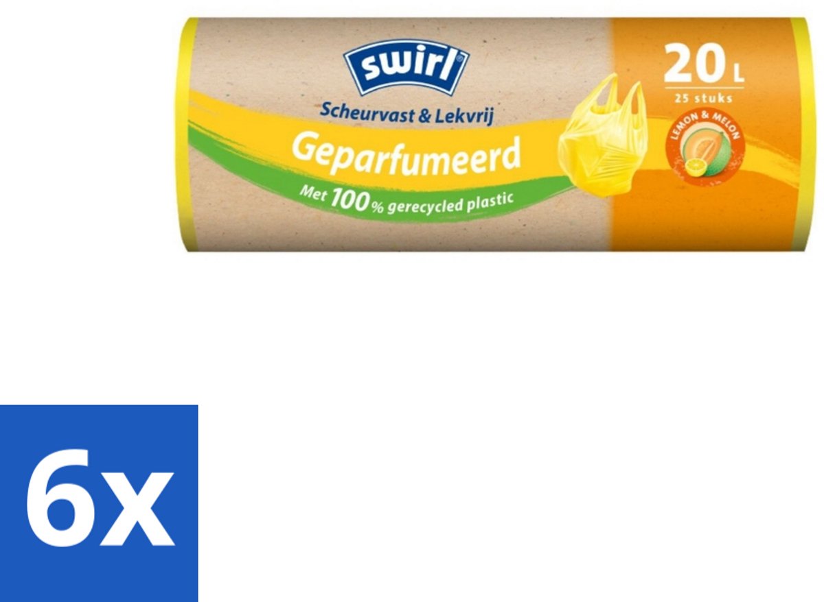 Swirl – Vuilniszakken 20 L – Handvat – Lemon & Melon Geparfumeerd – 25 zakken - Voordeelverpakking - 6 stuks