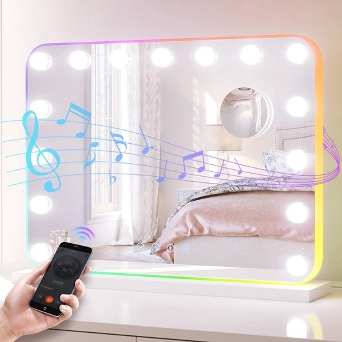 Hollywood make-upspiegel met Bluetooth en RGB-verlichting - 15 LED-lampen en touch-bediening