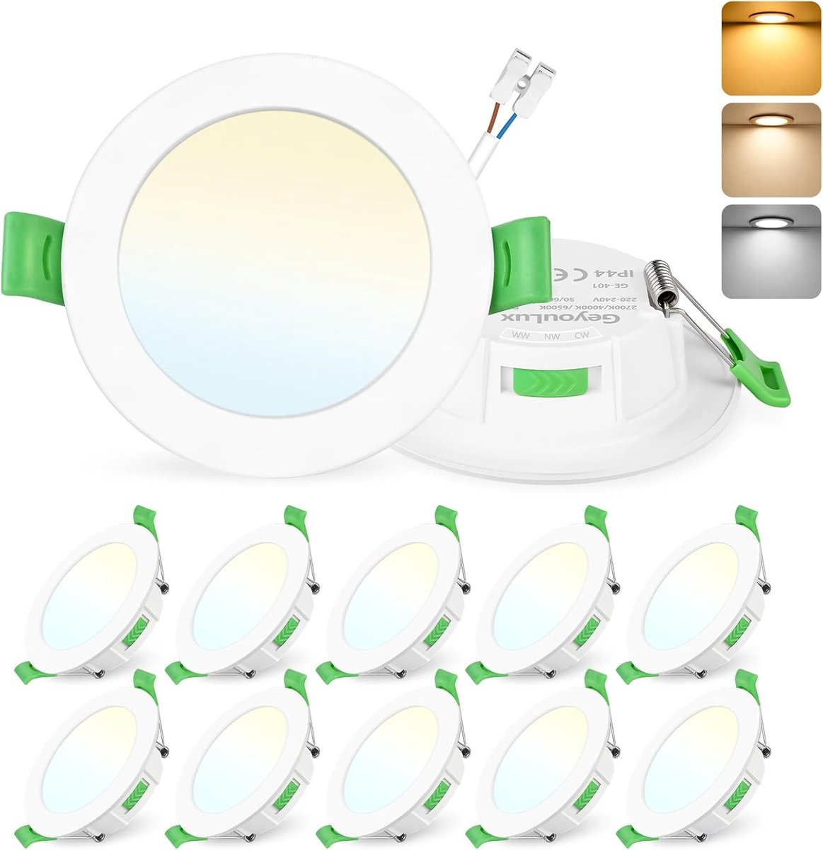 Inbouwspots LED Dimbaar 230V, Diameter Gat 65-75mm, 7W 700lm, IP44, 2700K/4000K/6500K, Ultra Dunne Inbouwspots voor Badkamer, Keuken en Woonkamer, Set van 10