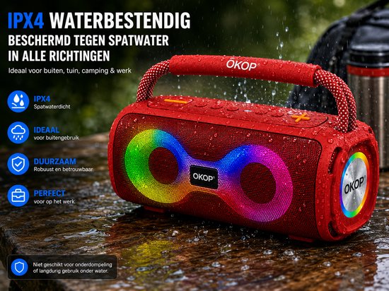 OKOP Bluetooth speaker - Draadloze muziek box - Draagbaar - Verlichting - 2x5W - Verschillende kleuren - RGB LED - Rood van OKOP — afbeelding 4