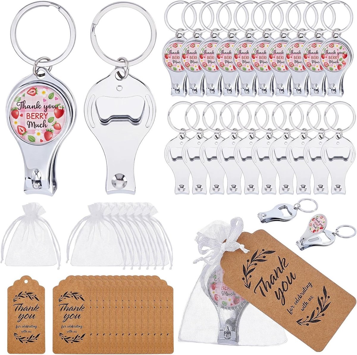 60 sets nagelknipper sleutelhanger bulk, nagelknipper en flesopener decoraties, bedanktags en parelmesh zakjes voor bruiloften en feestjes