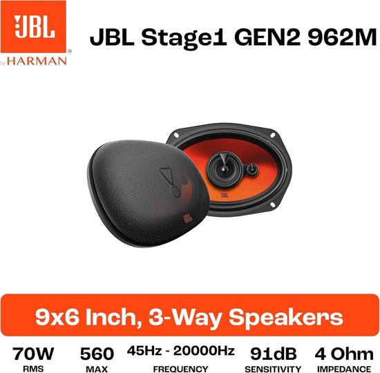 JBL Stage1 GEN2 962M 3-weg luidspreker met oranje conus, gedetailleerd gril en zwarte behuizing. Tekst: 9x6 Inch, 3-Way Speakers, 70W RMS, 560 MAX, 45Hz-20000Hz FREQUENCY, 91dB SENSITIVITY, 4 Ohm IMPEDANCE.