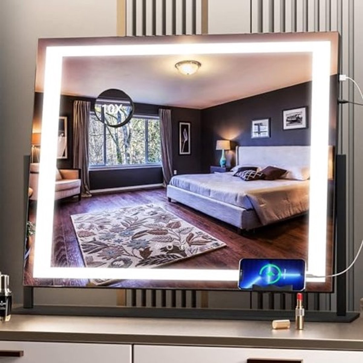Make-upspiegel met Verlichting en 10x Vergroting - 58 x 48 cm LED Oplichtspiegel met 3 Dimbare Kleuren en USB Oplaadfunctie