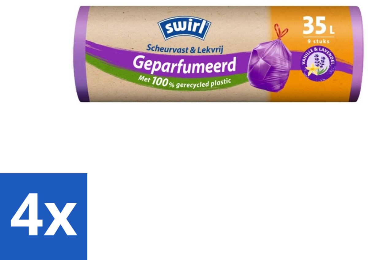 Swirl – Pedaalemmerzakken – Trekband Geparfumeerd Vanille & Lavendel – 35 L – 9 zakken - Voordeelverpakking - 4 stuks