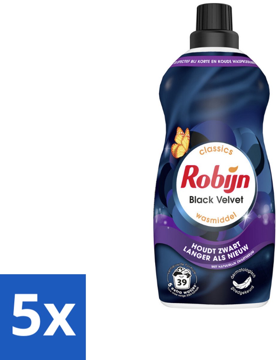 Robijn – Vloeibaar Wasmiddel – Klein & Krachtig Black Velvet – 1,19 L - Bulkverpakking - 5 stuks