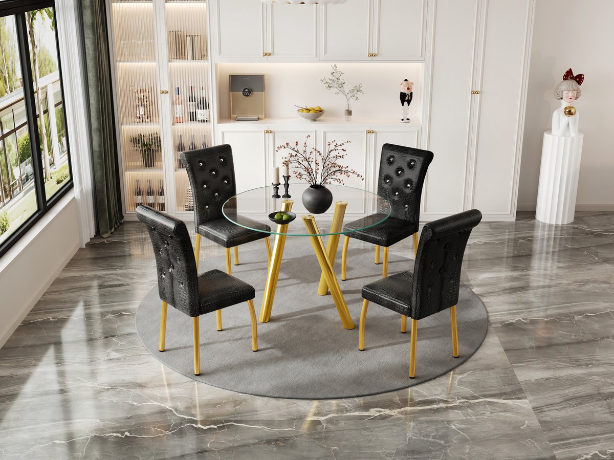 MIVRAY Set Tafel En Stoelen 5-Delig - Ronde Eettafel Van Gehard Glas Met 4 Gestoffeerde Stoelen - Voor Keuken En Eetkamer - Metaal Zwart