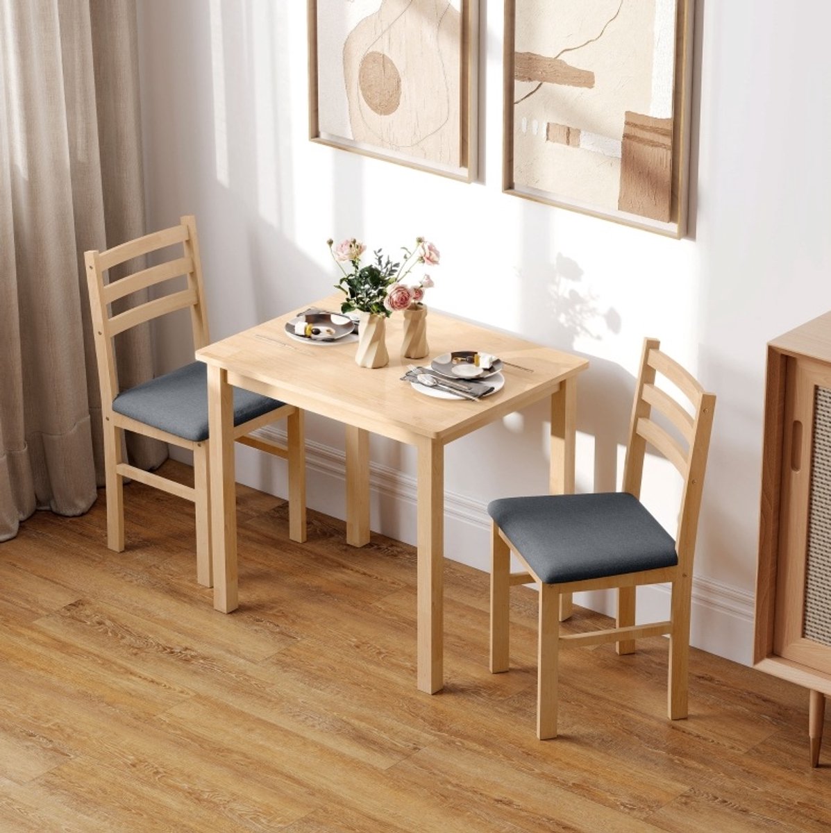 MIVRAY Eettafel Set 80 x 60 x 74,5 cm - 3-Delig Met 2 Stoelen - Ruimtebesparend Voor Kleine Keukens - Hout - Natural Wood