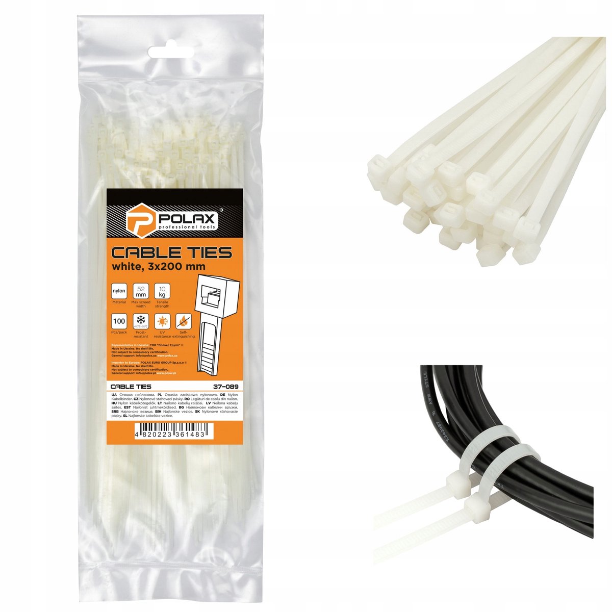 Nylon kabelbinders wit 3x200mm - 100 stuks