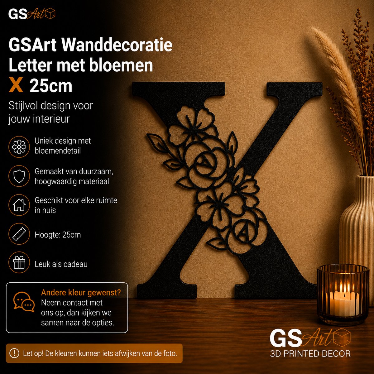 GSArt Wanddecoratie Letter met Bloemen – 25 cm - X