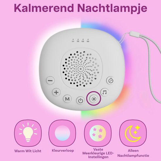 Verte White Noise Machine - 20 Rustgevende Geluiden - Timer - Oplaadbaar Via USB-C - Slaaphulp Met Nachtlampje Met Witte En Veelkleurige LED-Lampjes Voor Baby’s - Kinderen En Volwassenen - Wit van Verte — afbeelding 2