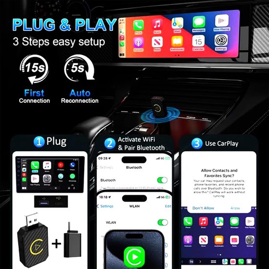 Draadloze CarPlay Adapter - Auto Stick - Navigatie Muziek Bellen - 2-in-1 Functionaliteit - Plug & Play - Zilver — afbeelding 3