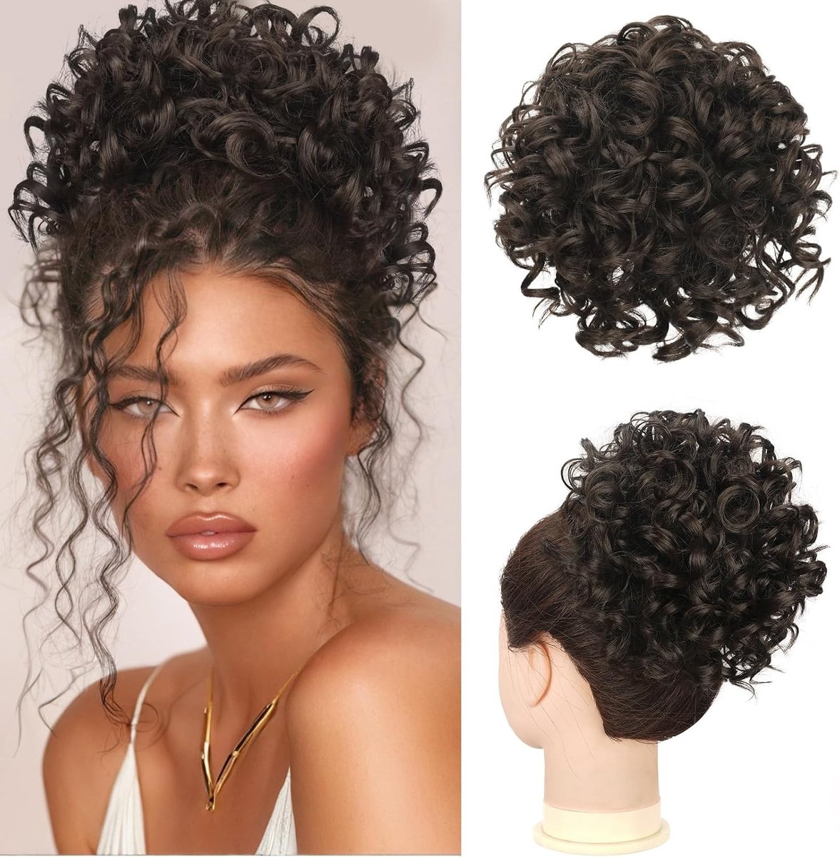 Messy Bun Korte Krullende Ponytail Extension met Elastische Band voor Dames - Losse Haarstukjes voor Updo en Haarverlenging (80g Zwart Bruin)