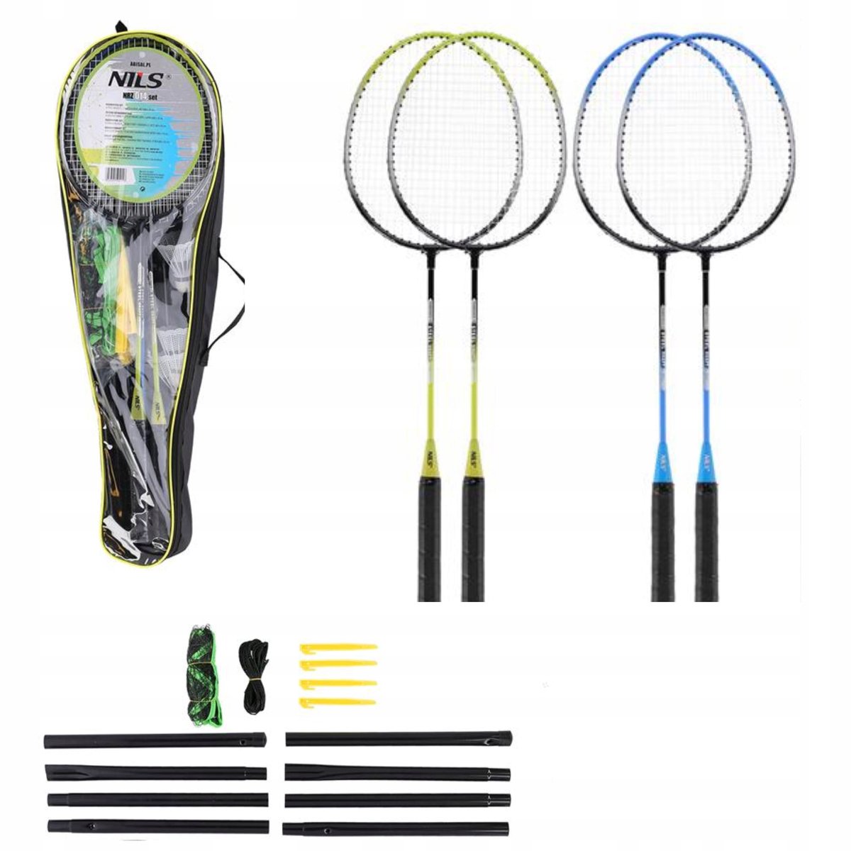 NILS Badmintonset: 4 rackets, net, shuttles en tas