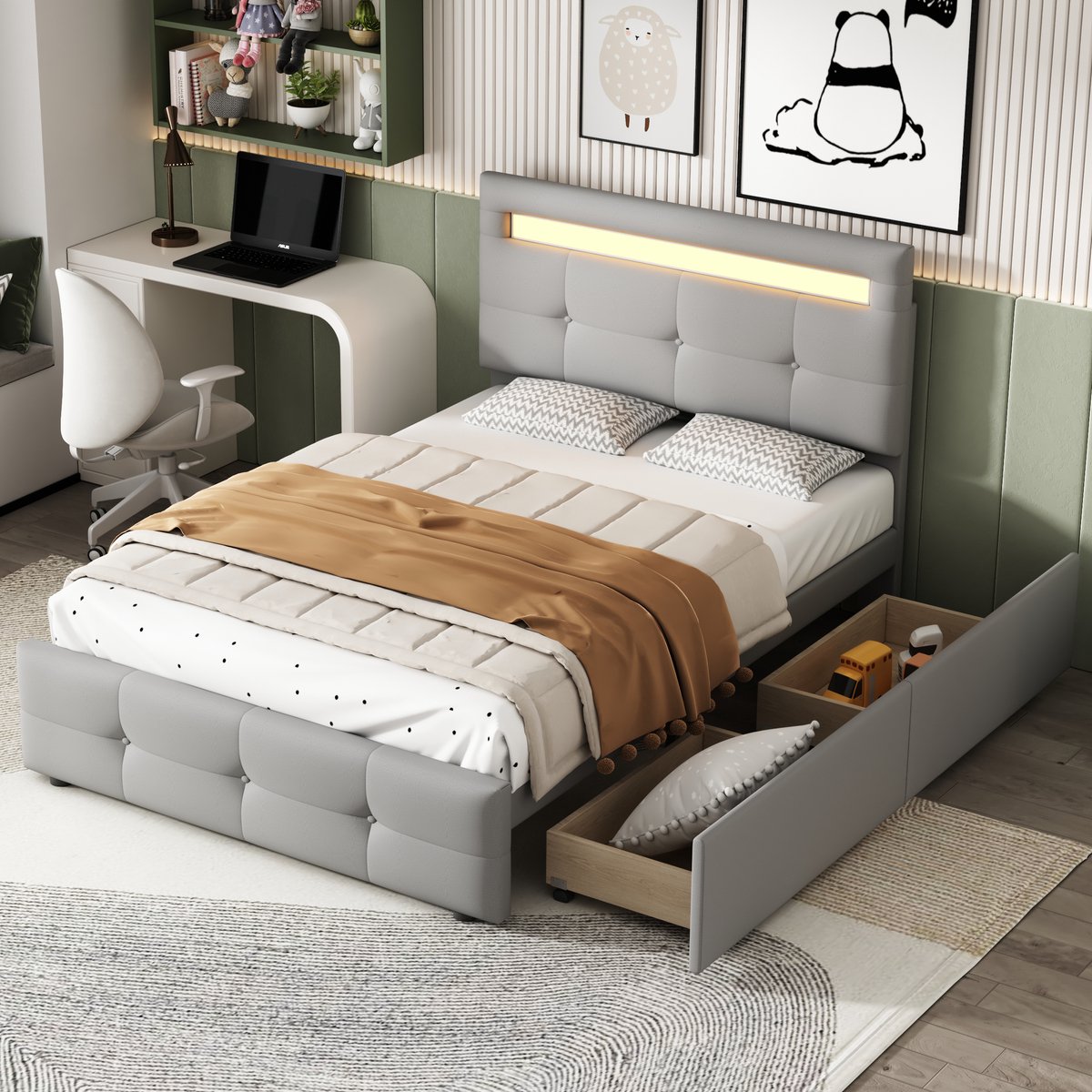 Gepolsterd Kinderbed 90x200 cm - Met Opbergruimte - Met LED-verlichting - Met Lades - Grijs