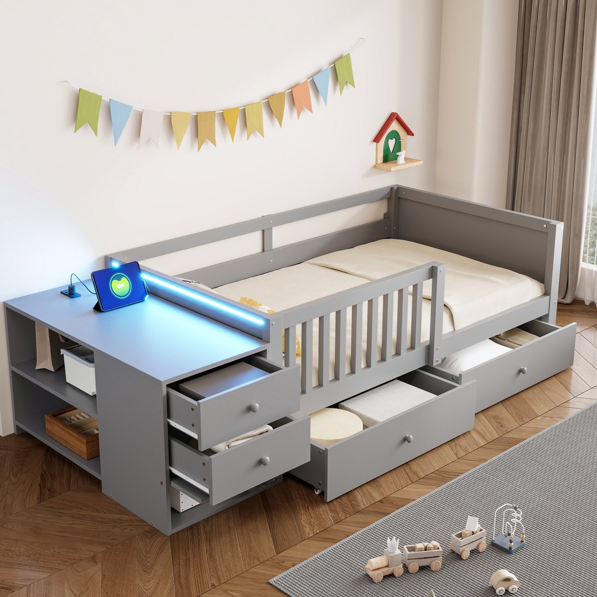 Kinderbed 90x200 cm - Met Valbeveiliging - Met Opbergruimte - Met LED-verlichting - Grijs
