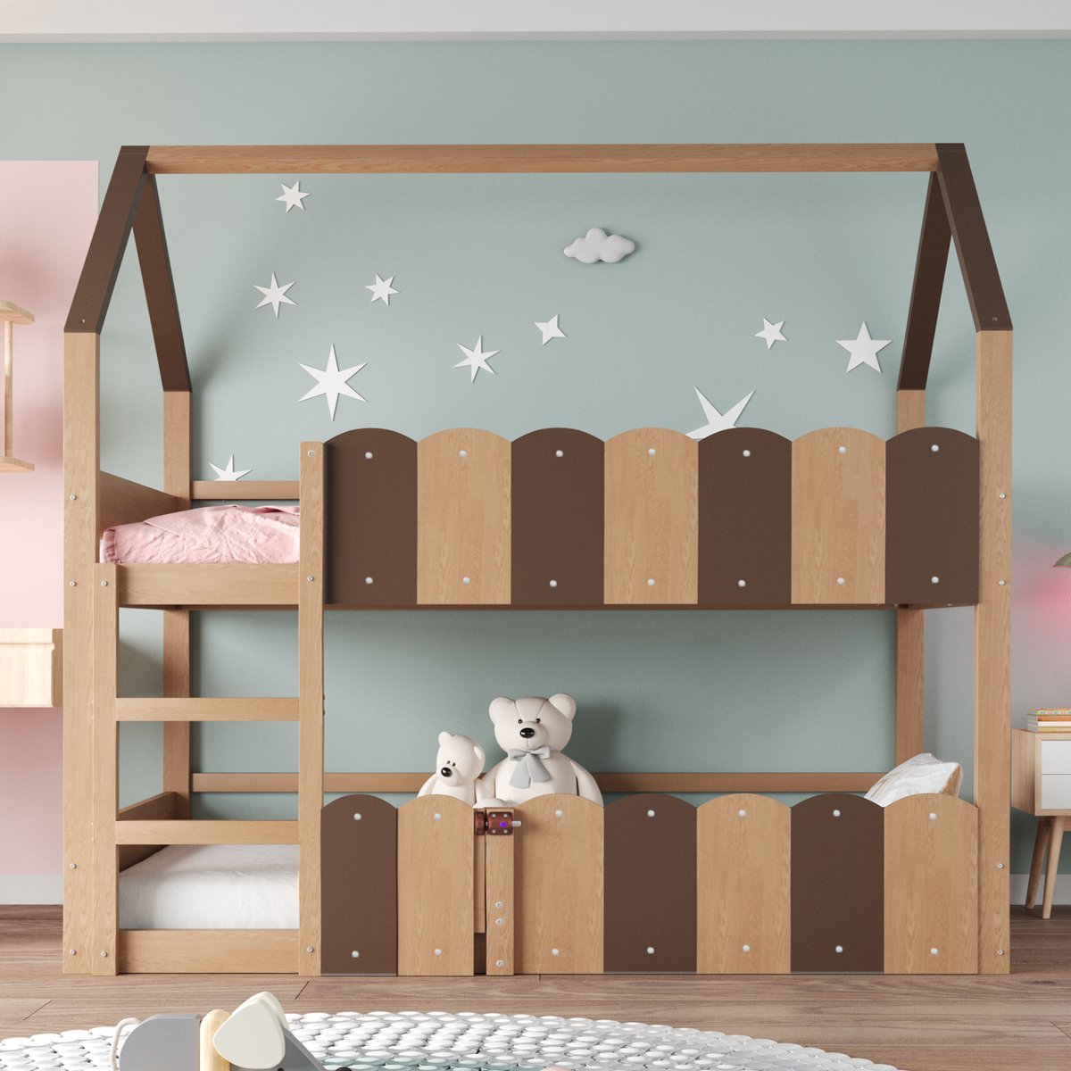 Stapelbed 90x200 cm - Met Valbeveiliging - Naturel Hout