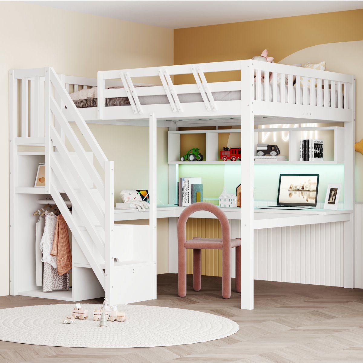 Zubaliya Houten Kinderbed 140x200 cm Wit Met LED-verlichting, USB-oplaadpunt, Opbergruimte