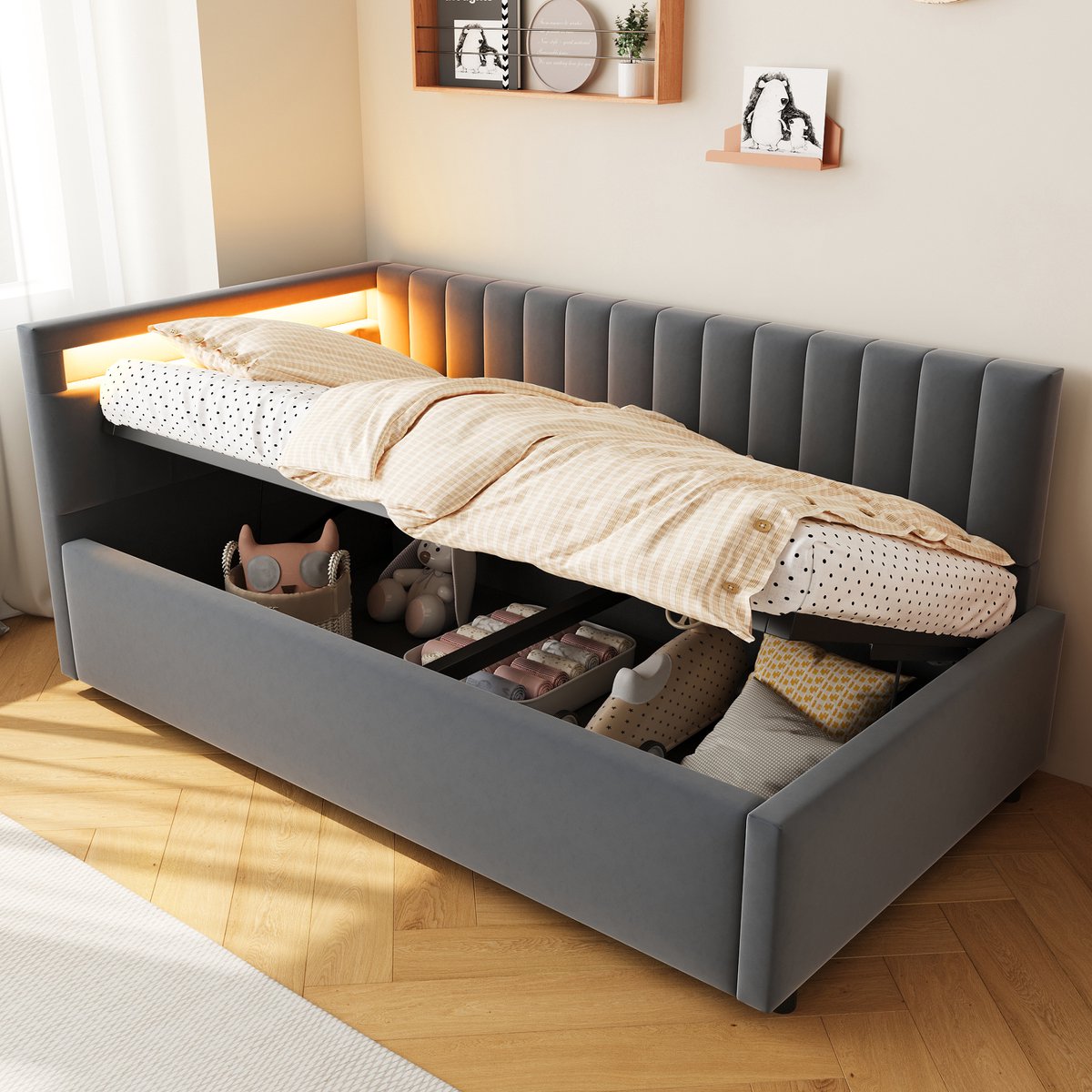 Slaapbank 90x200 cm - Met Opbergruimte - Met LED-verlichting - Met Hoofdeinde - Met Fluweel - Grijs