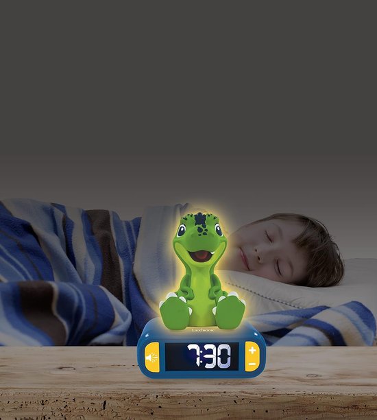 Dinosaurus Nachtlampje - Wekker Geluiden - Kinderkamer Decoratie - Druk op de dinosaurus - 18 cm hoog - Blauw Groen — afbeelding 3