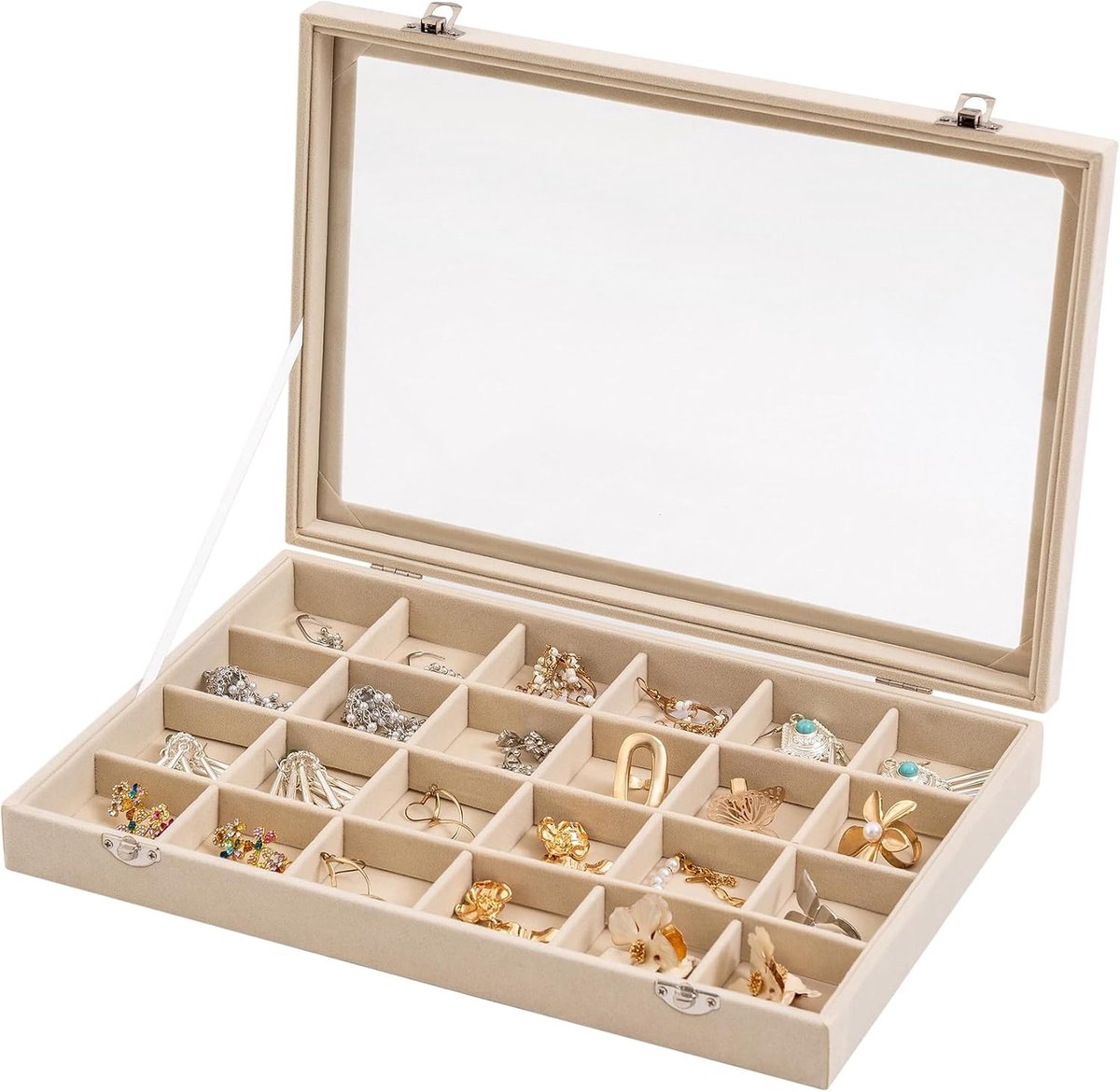 Velvet Sieraden Organizer met Duidelijk Deksel, 24 Vakken voor Oorbellen, Ringen en Kettingen, Perfecte Cadeau voor Vrouwen en Meisjes, 30x20cm