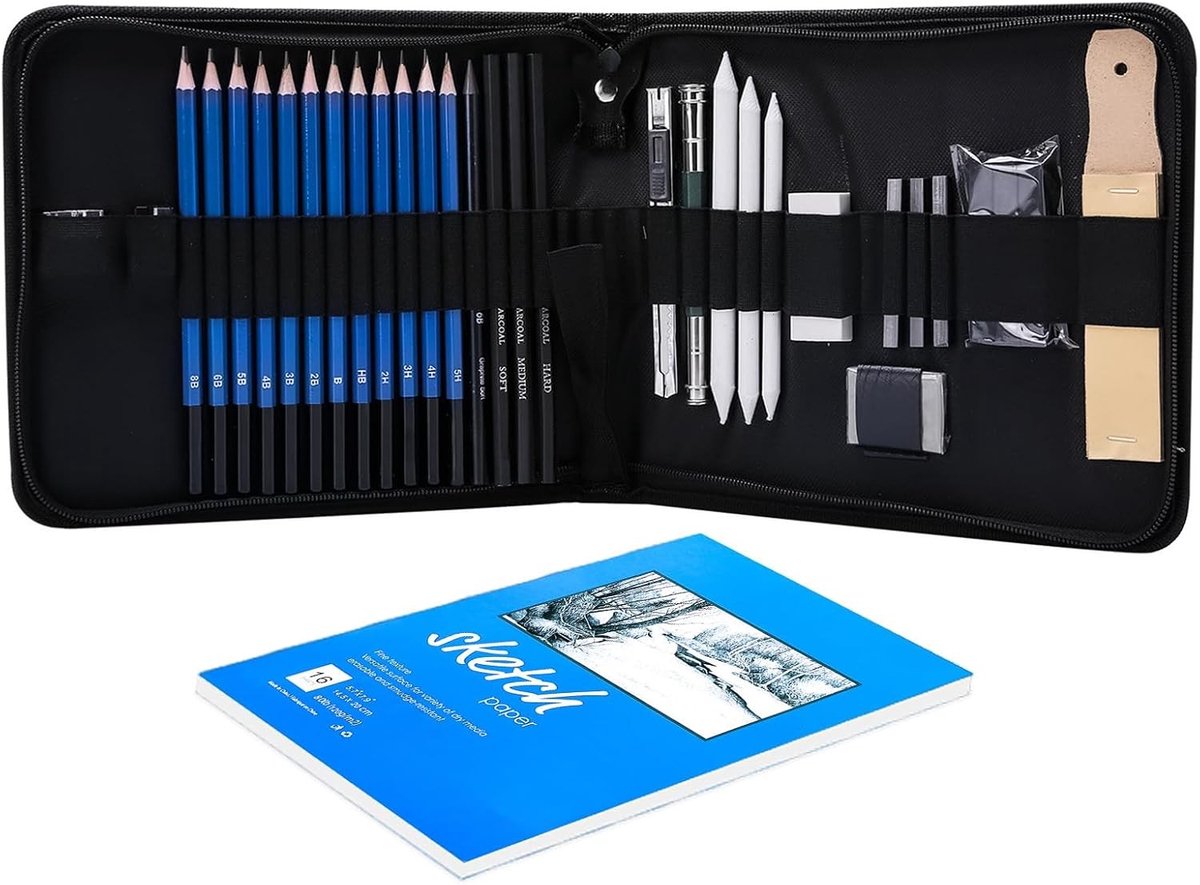 33-delige Set voor Schetsen en Tekenen met Grafietpotloden, Carbonpennen en Kunstaccessoires