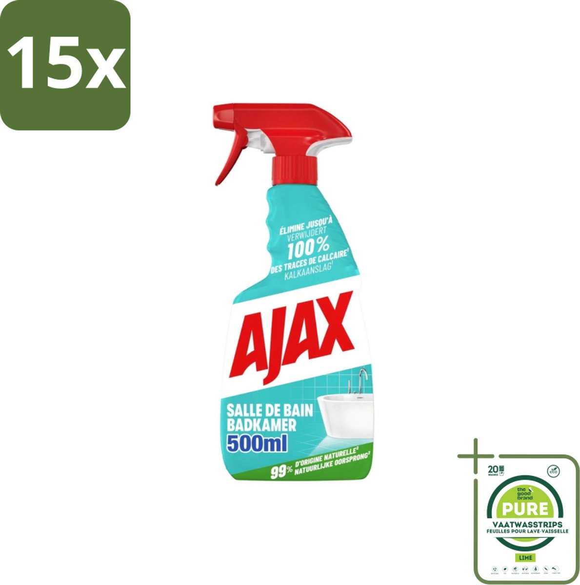 15 x Ajax – Badkamer Spray – 500 ml - Grootverpakking - Badkamer Reinigen - Kalk Verwijderen - Zeepresten Verwijderen - Badkamer Schoonmaken - Anti-kalk Spray