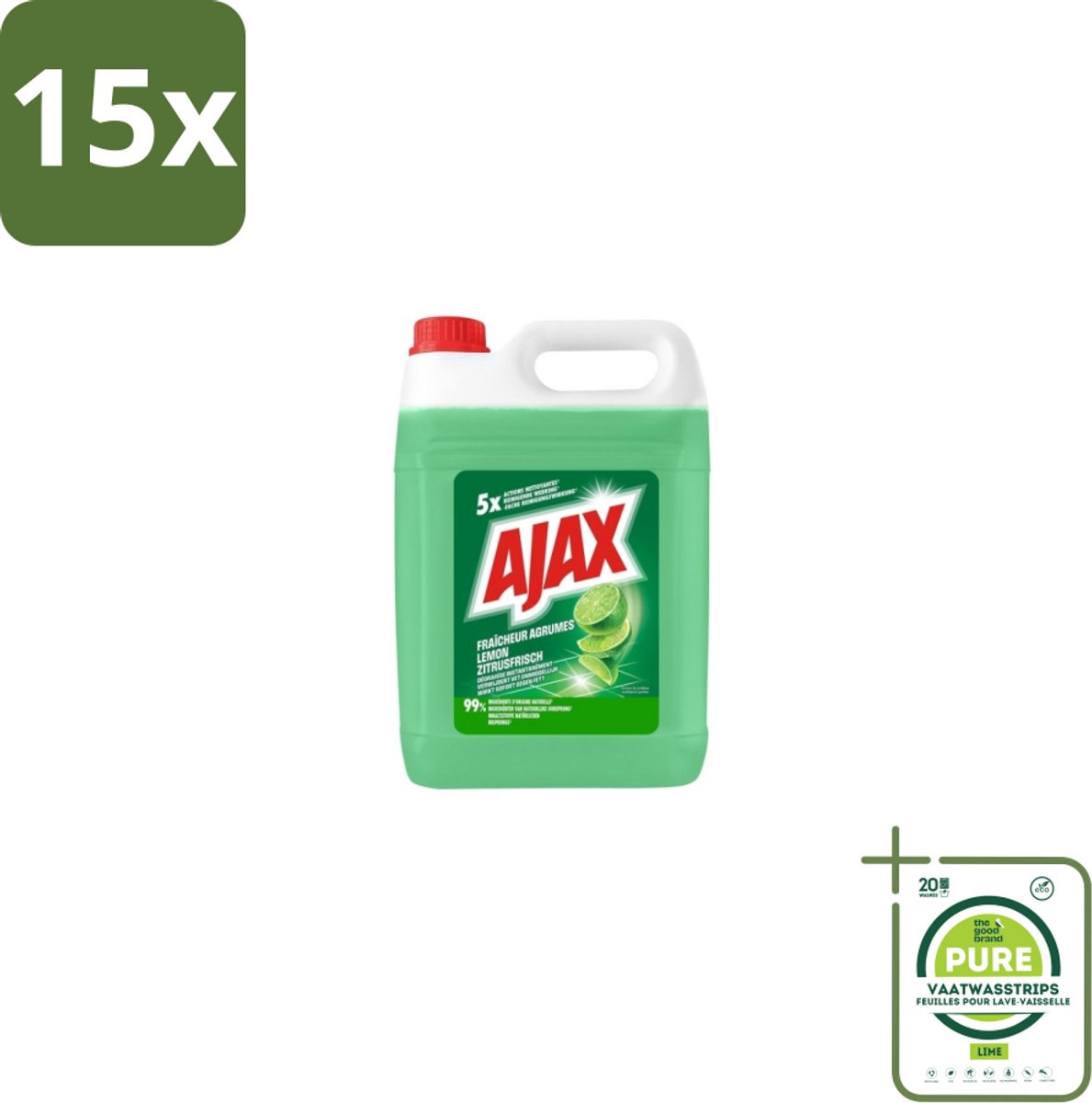 15 x Ajax Allesreiniger Limoen 5 liter - Grootverpakking - Allesreiniger Limoen - Krachtige Reiniger - Vet Verwijderen - Frisse Geur - Biologisch Afbreekbaar