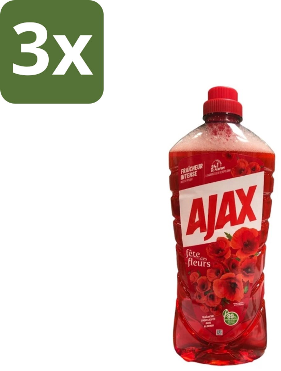 3 x Ajax – Allesreiniger – Rode Bloemen – 1,25 L - Allesreiniger Rode Bloemen - Reiniger 1.25 L - Bloemengeur Reiniger - Krachtige Reiniger - Huishoudelijke Reiniger