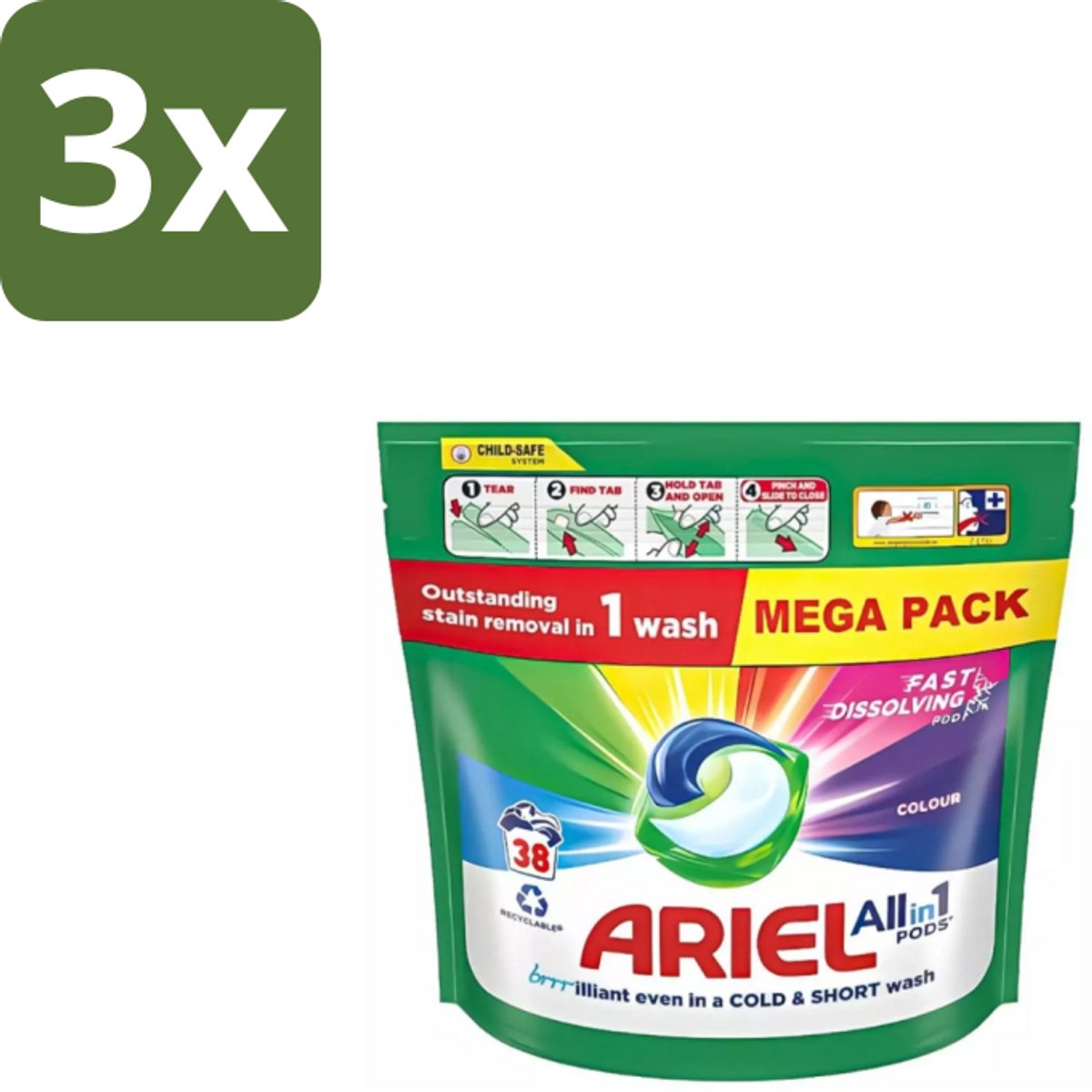 3 x Ariel – Pods All-in-1 – Color – 38 wasbeurten - Kleurbehoud Wasmiddel - Gekleurde Was - Ariel Pods Color - Wasmiddel Voor Gekleurde Kleding - Kleurvervaging Voorkomen