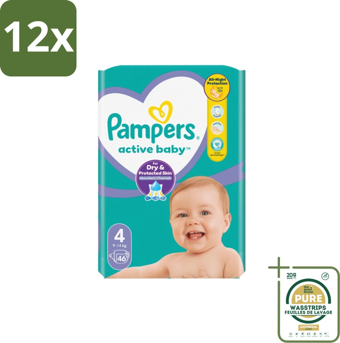 Pampers – Luiers – Active Baby Maat 4 – 46 Luiers - Voordeelverpakking - 12 stuks - Baby luchtdoorlatend - Baby comfort