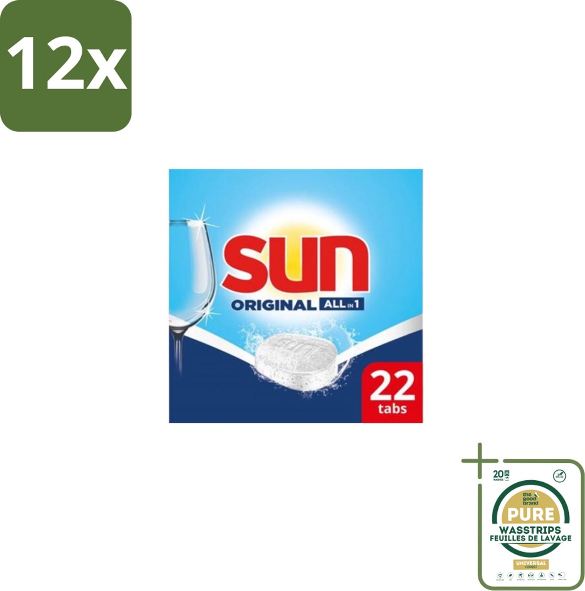 Sun – Vaatwastabletten – All-in-1 Original – 22 tabletten - Voordeelverpakking - 12 stuks - Reinigen - Glans