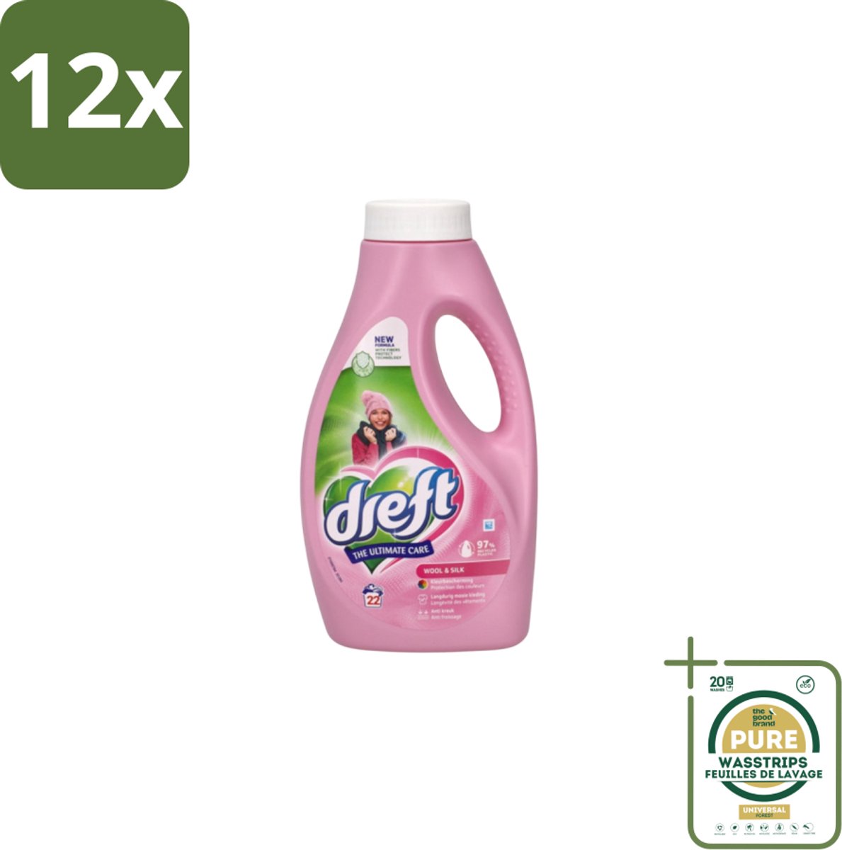 Dreft – Vloeibaar Wasmiddel – Wol & Zijde – 22 Wasbeurten - Voordeelverpakking - 12 stuks - Mild wasmiddel - Fijnwas