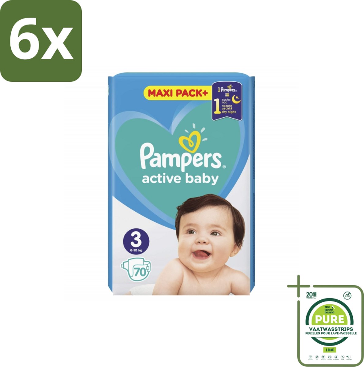 Pampers – Luiers – Active Baby Maat 3 – 70 Luiers - Voordeelverpakking - 6 stuks - Baby-luiers - Droge billetjes
