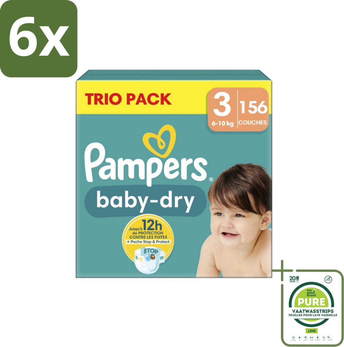 Pampers – Luiers – Baby-Dry Trio Pack Maat 3 (6-10 kg) – 156 Luiers - Voordeelverpakking - 6 stuks - Baby luiers - Droge luiers