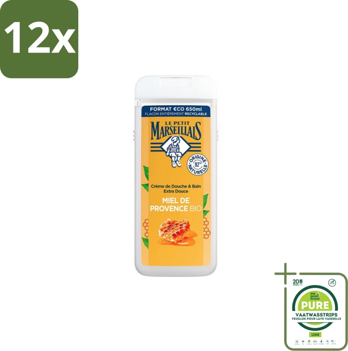 Le Petit Marseillais – Douche & Bad – Honing – 650 ml - Voordeelverpakking - 12 stuks - Douche en bad - Honing