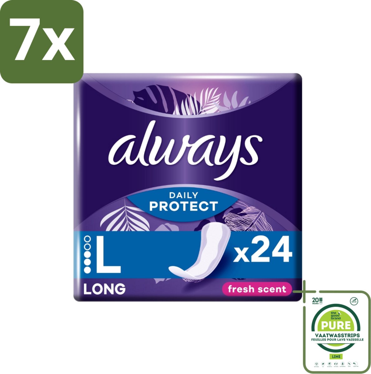 7 x Always – Inlegkruisjes – Long Fresh Scent – 24 Inlegkruisjes - Grootverpakking - Inlegkruisjes - Frisse Geur - Lang Inlegkruis - Dagelijkse Bescherming - Inlegkruis