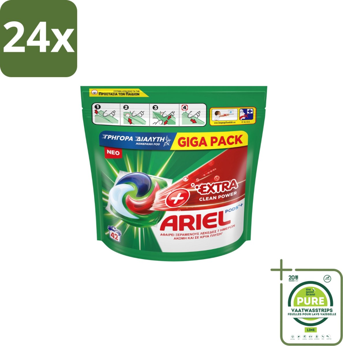 Ariel – Pods – Clean Power Extra Schoon – 42 wasbeurten - Voordeelverpakking - 24 stuks - Ariel Clean Power Pods - Extra schoon pods