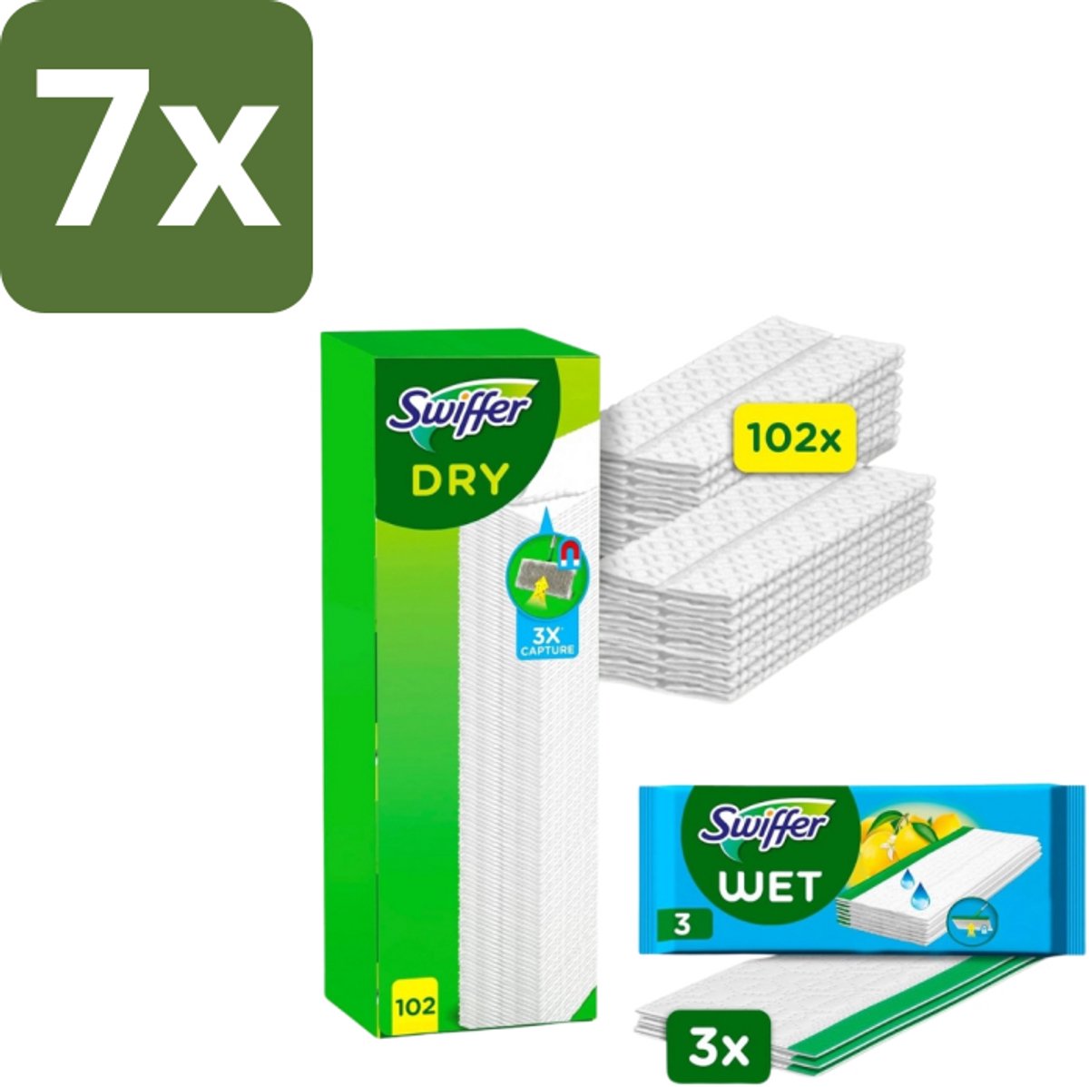Swiffer – Vloerdoekjes – Dry Navullingen 102 + 3 Vochtige Doekjes - Bulkverpakking - 7 stuks