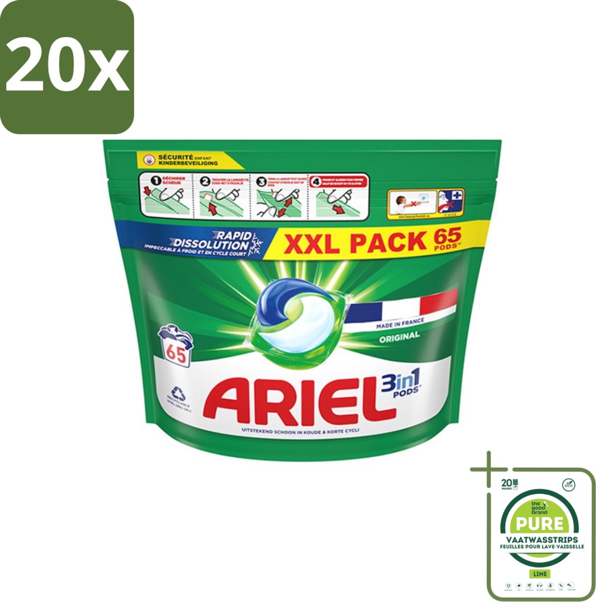 20 x Ariel – Pods All-in-1 – Original – 65 wasbeurten - Grootverpakking - Ariel All-in-1 Pods - Wasmiddel Pods - Krachtige Reiniging - Vlekverwijdering - Kleurbehoud