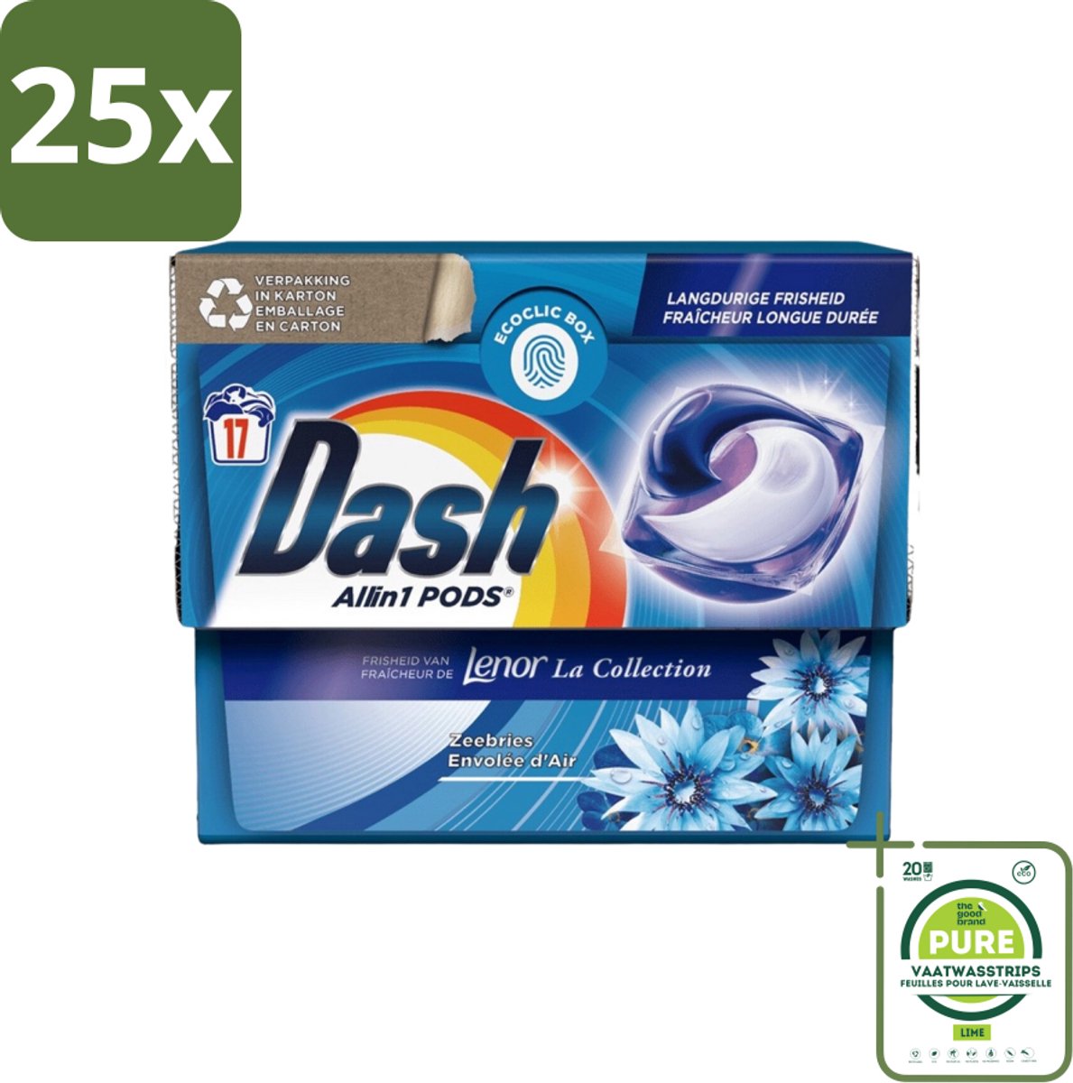 25 x Dash - Lenor Collectie - Wasmiddel Capsules - All-in-1 Pods - Witte en Gekleurde Was - Zeebries - 17 Wasbeurten - Grootverpakking - Wasmiddel Capsules - Waspoeder - Lenor - Zeebries - Wasverzachter