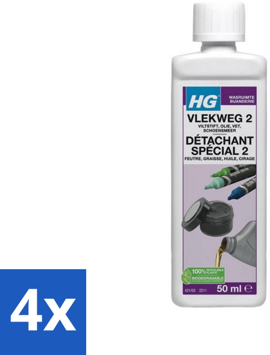 4 x HG - Wasruimte - Vlekweg 2 - Biologisch Afbreekbaar - 50 ml - Vlekkenverwijderaar - Vlekken Verwijderen - Biologisch Afbreekbaar - Textielreiniger - Vetvlekken